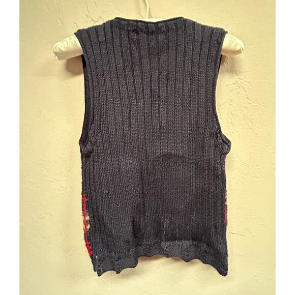 Vintage Precis Petite Small Black/Red Plaid Cable-Knit V-Neck Sweater Vest Wool - Picture 2 of 9